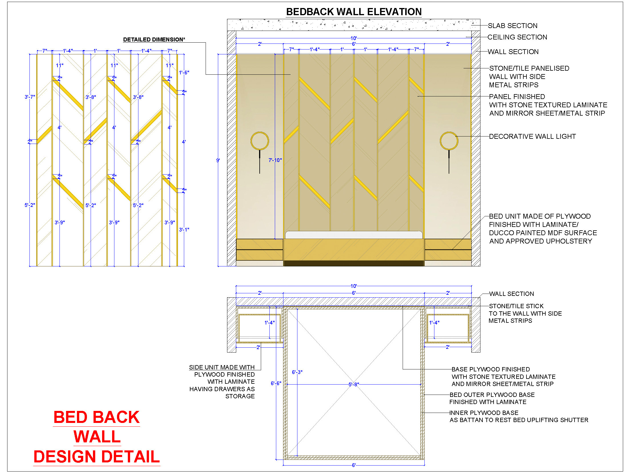 Luxurious Bedback Wall Design AutoCAD Plan & Elevation